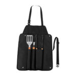 BBQ 011 N - SET DE BBQ TAROUDANT (NEGRO / ACERO INOXIDABLE Y MADERA CAUCHO UTENSILIOS / POLIESTER MANDIL)